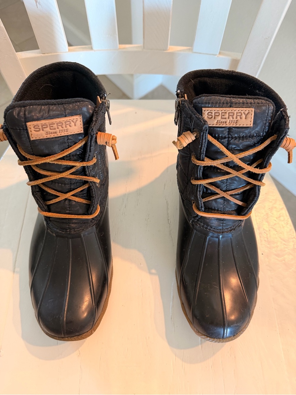 Sperry Black Duck Boots with Tan Laces and Quilted Upper